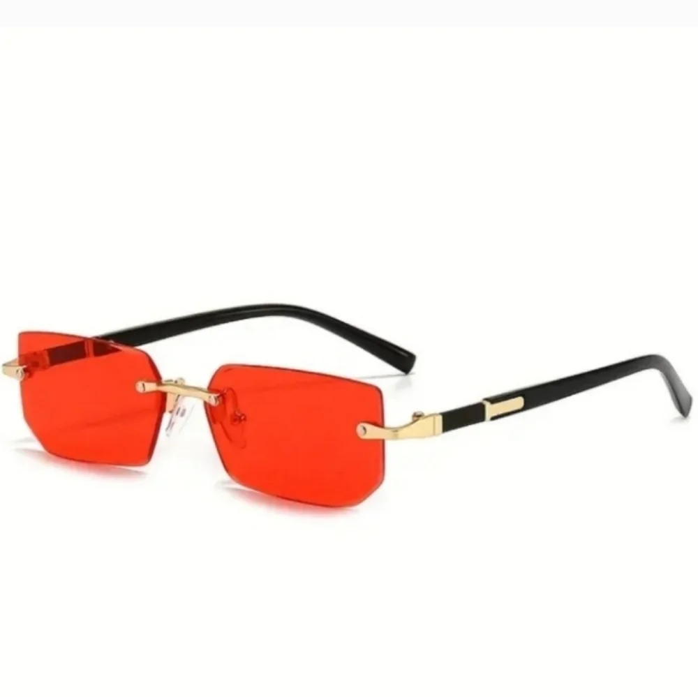 Red and Black Rimless Sunglasses with Metallic Accents
